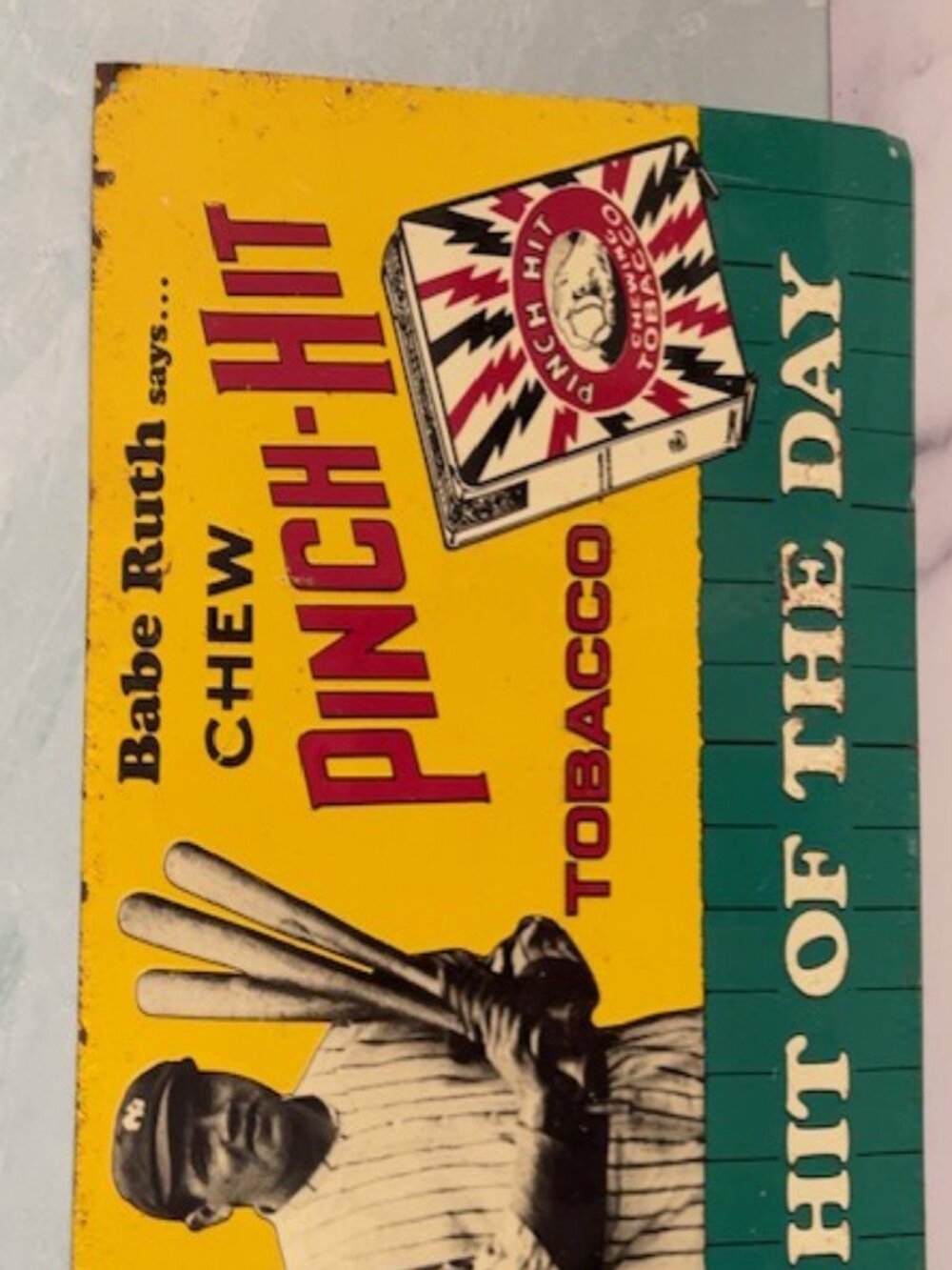 Vintage BABE RUTH Metal Sign Pinch Hit Tobacco Advertising 1989 Baseball Decor